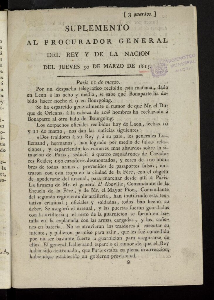 Miniatura de El Procurador General de la Nación y del Rey (Madrid) del 30 de marzo de 1815, suplemento al nº 89