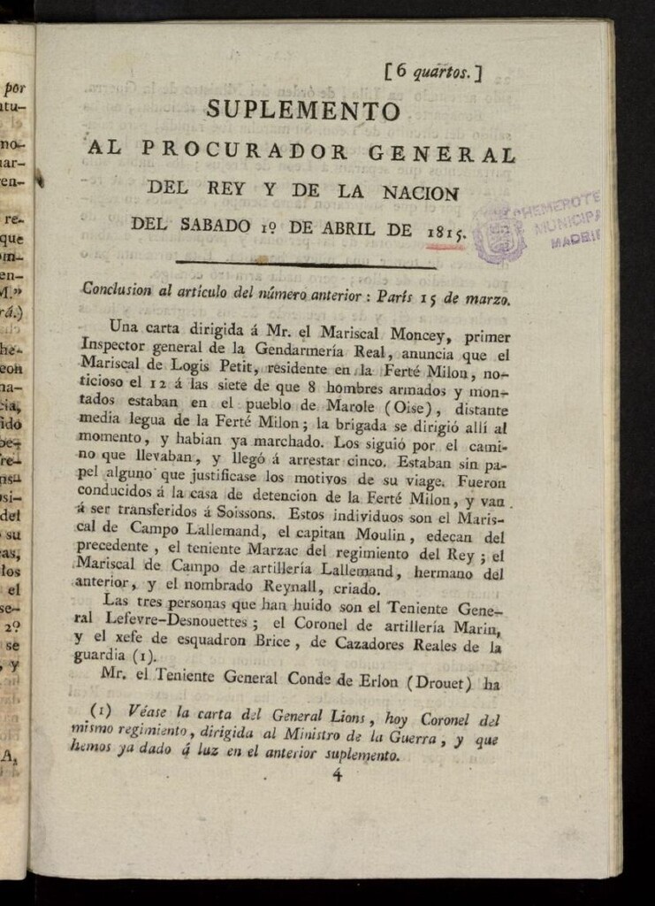 Miniatura de El Procurador General de la Nación y del Rey (Madrid) del 1 de abril de 1851, suplemento al nº 91