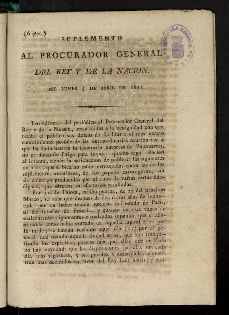 Miniatura de El Procurador General de la Nación y del Rey (Madrid) del 3 de abril de 1815, suplemento al nº 93