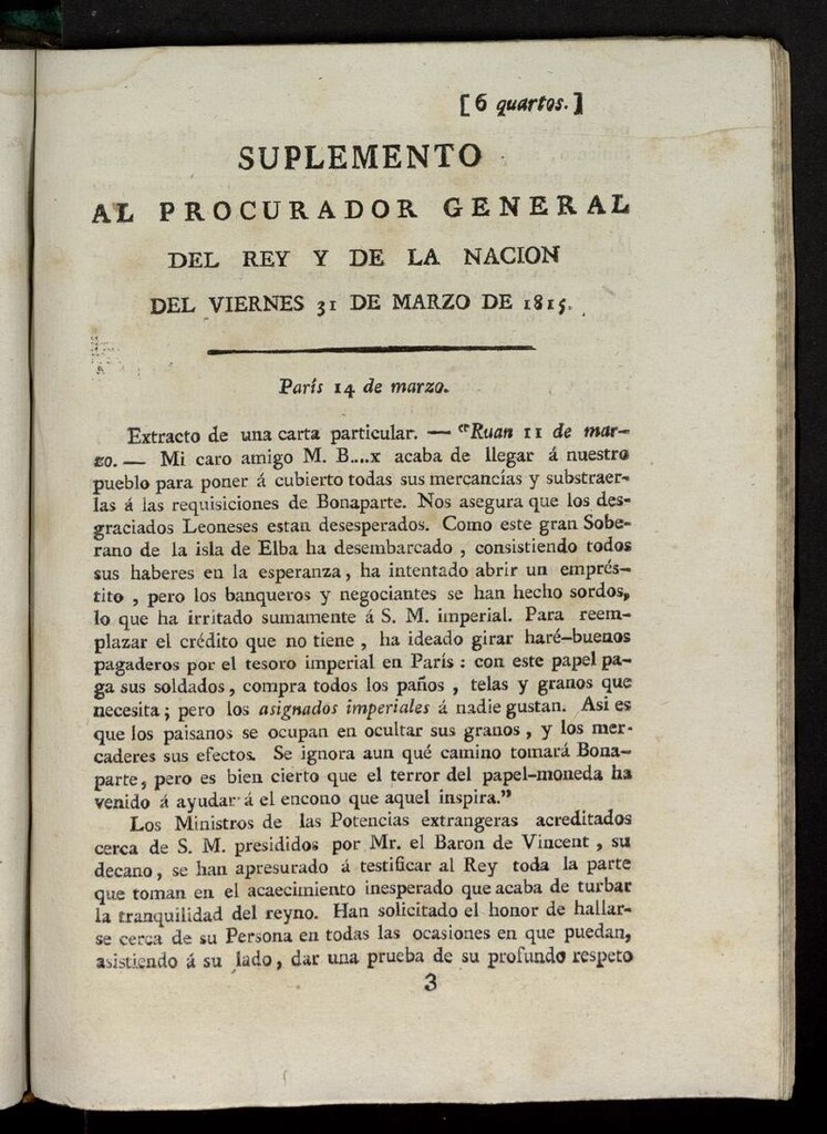 Miniatura de El Procurador General de la Nación y del Rey (Madrid) del 31 de marzo de 1815, suplemento al nº 90