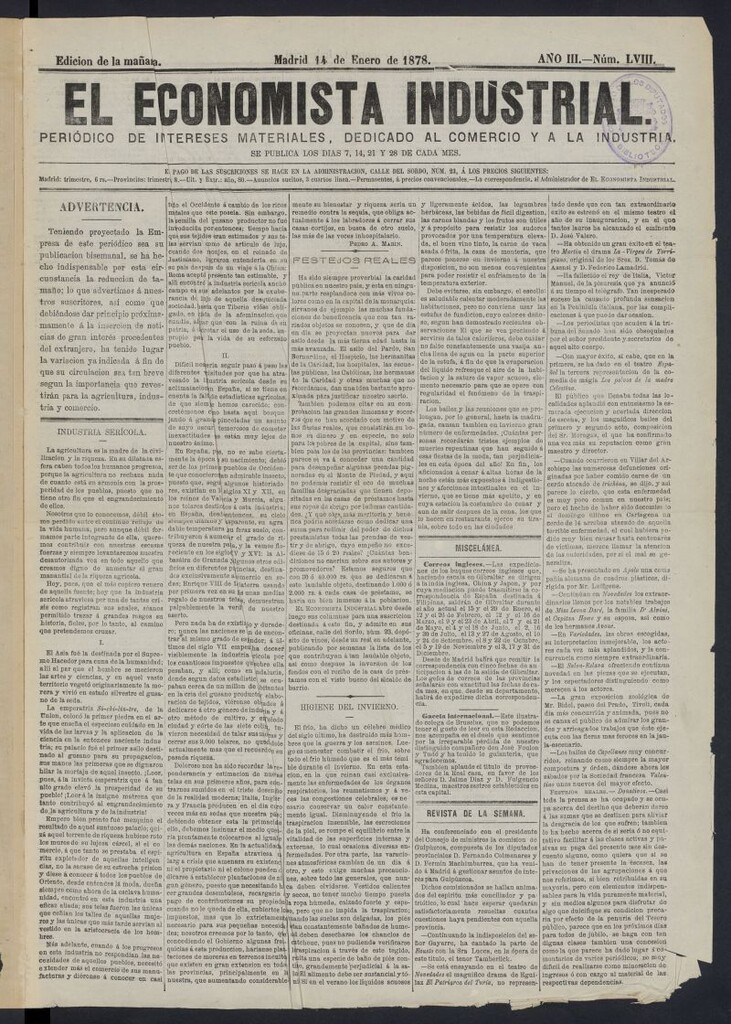 Miniatura de El Economista Industrial del 14 de enero de 1878, nº 58