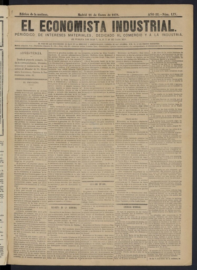 Miniatura de El Economista Industrial del 21 de enero de 1878, nº 59