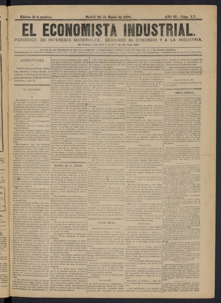 Miniatura de El Economista Industrial del 28 de enero de 1878, nº 60