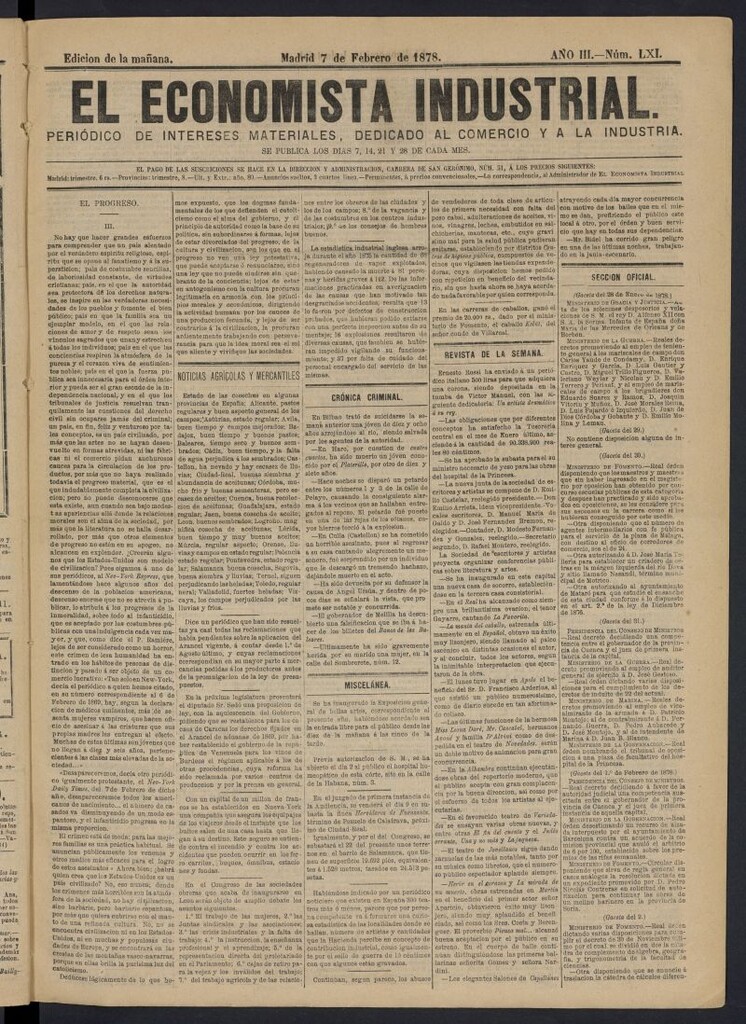 Miniatura de El Economista Industrial del 7 de febrero de 1878, nº 61