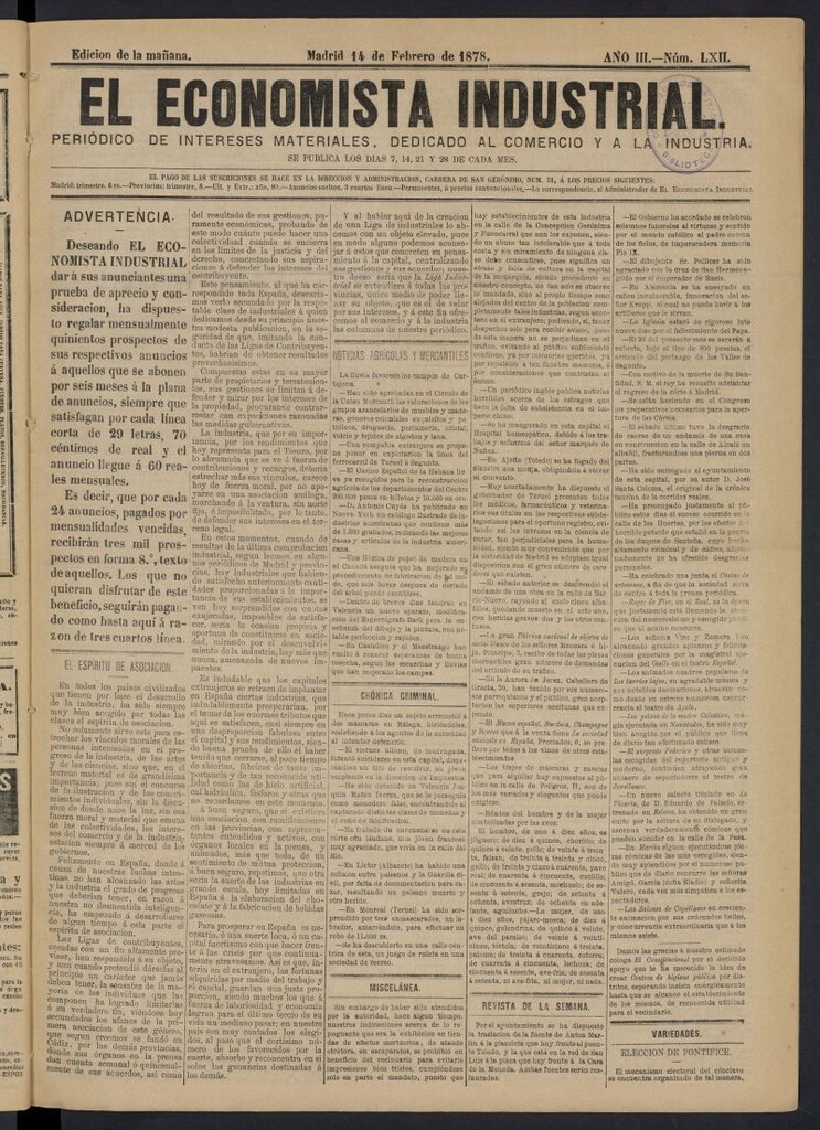 Miniatura de El Economista Industrial del 14 de febrero de 1878, nº 62