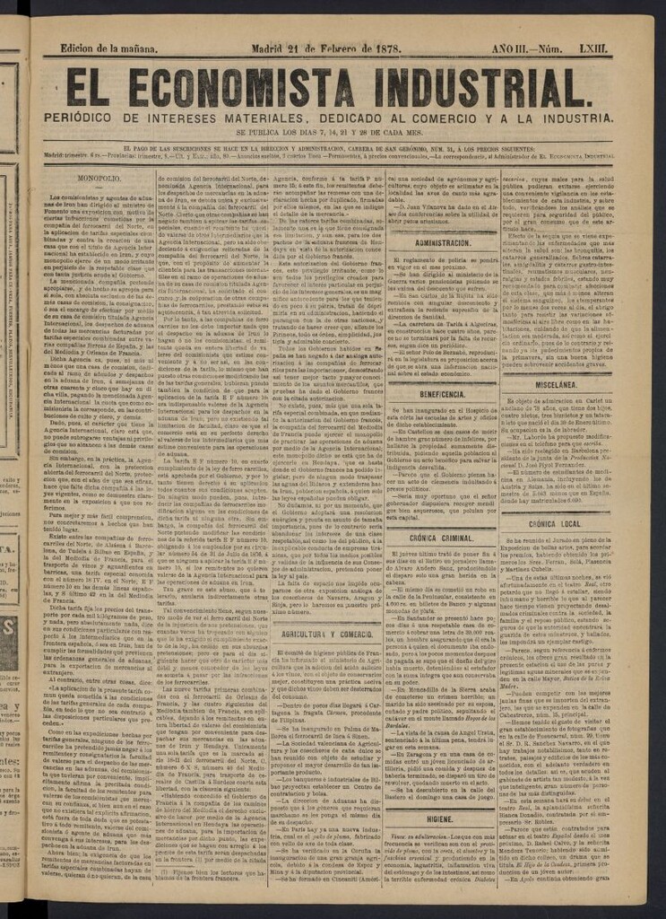 Miniatura de El Economista Industrial del 21 de febrero de 1878, nº 63
