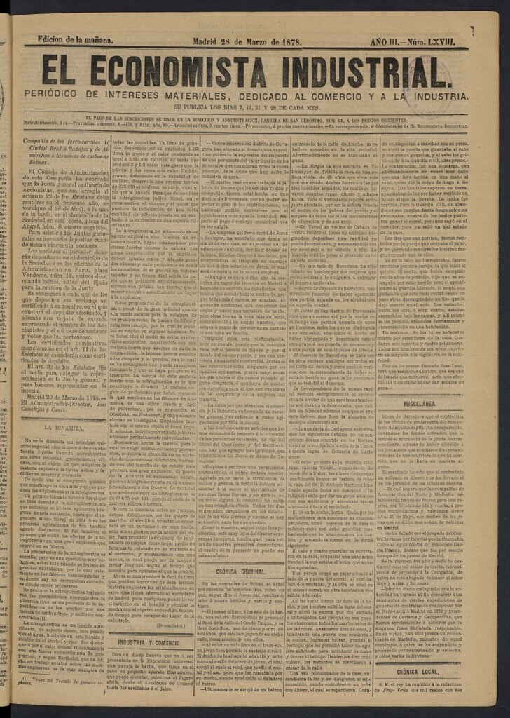 Miniatura de El Economista Industrial del 28 de marzo de 1878, nº 68