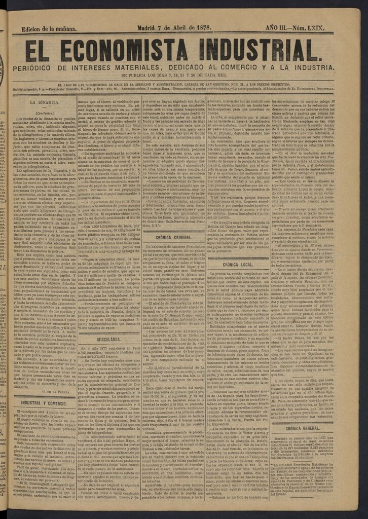 Miniatura de El Economista Industrial del 7 de abril de 1878, nº 69