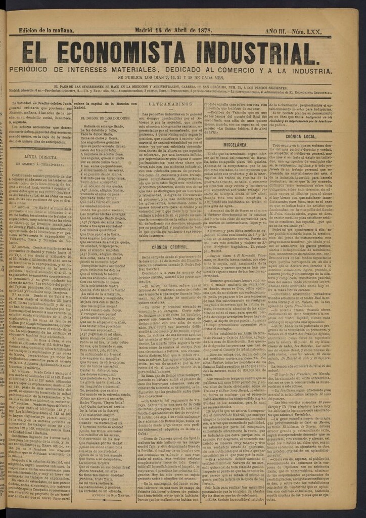 Miniatura de El Economista Industrial del 14 de abril de 1878, nº 70