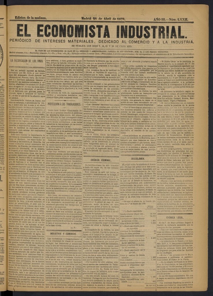 Miniatura de El Economista Industrial del 28 de abril de 1878, nº 72