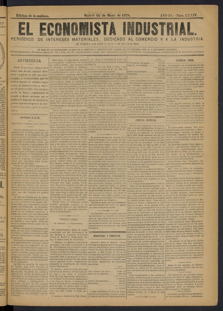 Miniatura de El Economista Industrial del 14 de mayo de 1878, nº 74