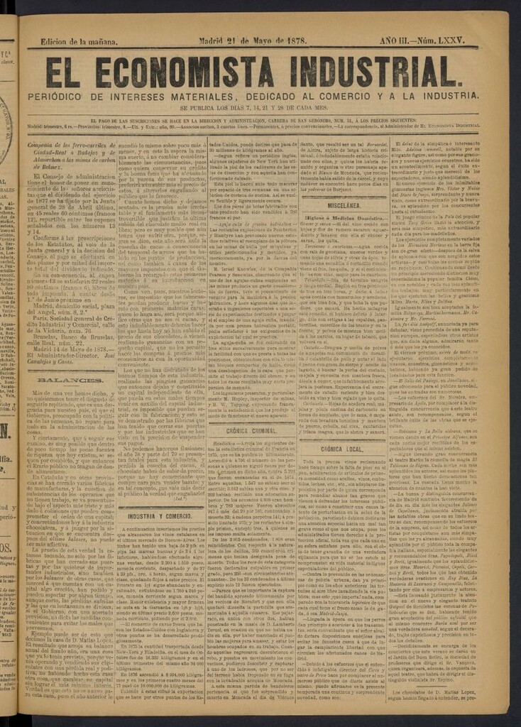 Miniatura de El Economista Industrial del 21 de mayo de 1878, nº 75