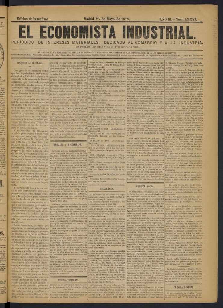 Miniatura de El Economista Industrial del 28 de mayo de 1878, nº 76