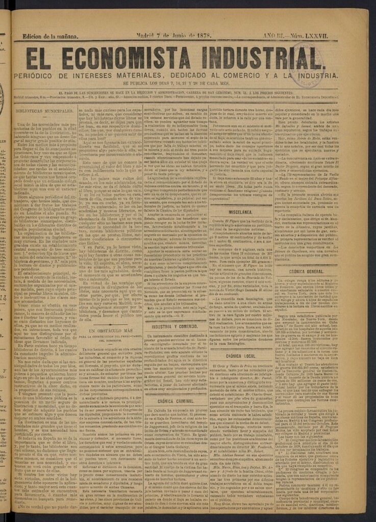Miniatura de El Economista Industrial del 7 de junio de 1878, nº 77