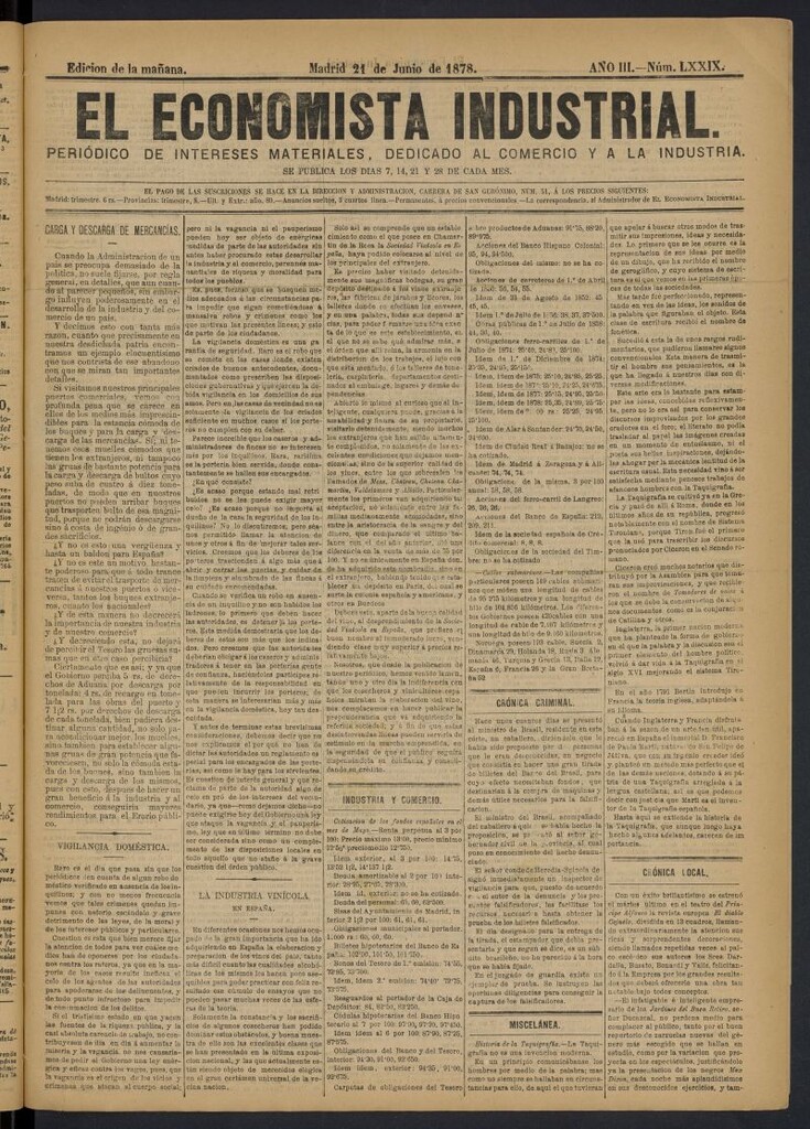 Miniatura de El Economista Industrial del 21 de junio de 1878, nº 79