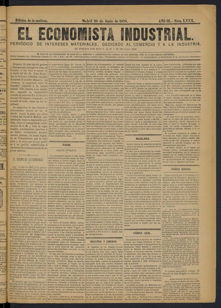 Miniatura de El Economista Industrial del 28 de junio de 1878, nº 80