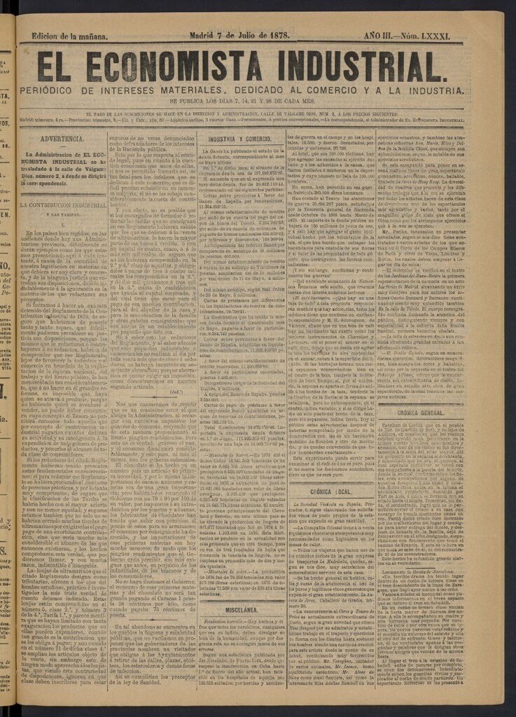 Miniatura de El Economista Industrial del 7 de julio de 1878, nº 81