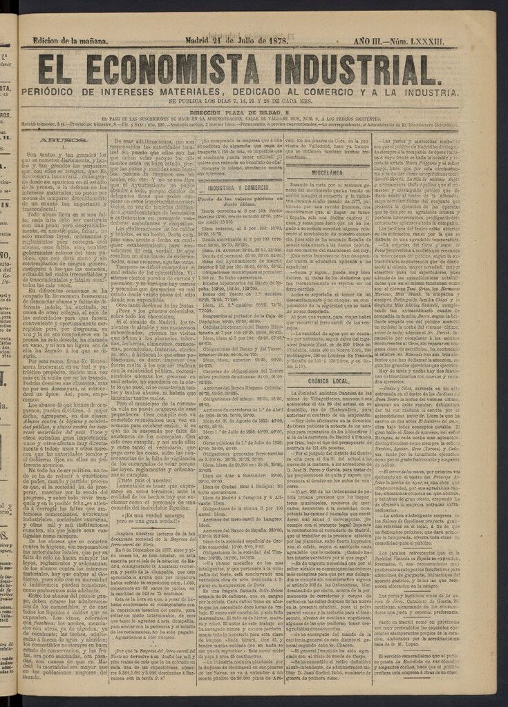 Miniatura de El Economista Industrial del 21 de julio de 1878, nº 83