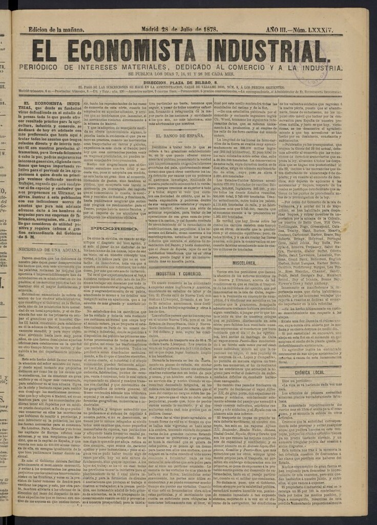 Miniatura de El Economista Industrial del 28 de julio de 1878, nº 84