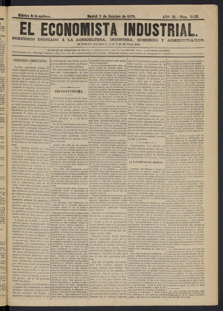 Miniatura de El Economista Industrial del 7 de octubre de 1878, nº 93