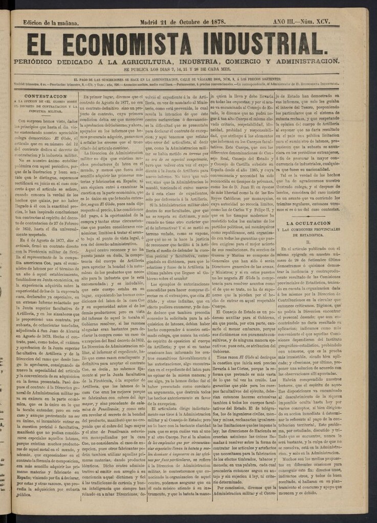 Miniatura de El Economista Industrial del 21 de octubre de 1878, nº 95