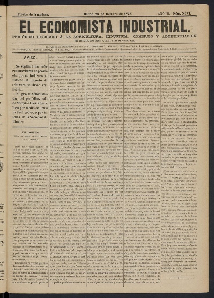 Miniatura de El Economista Industrial del 28 de octubre de 1878, nº 96