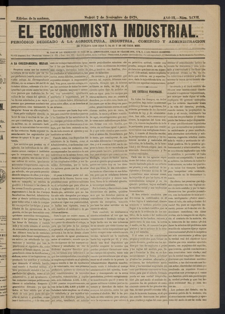 Miniatura de El Economista Industrial del 7 de noviembre de 1878, nº 97