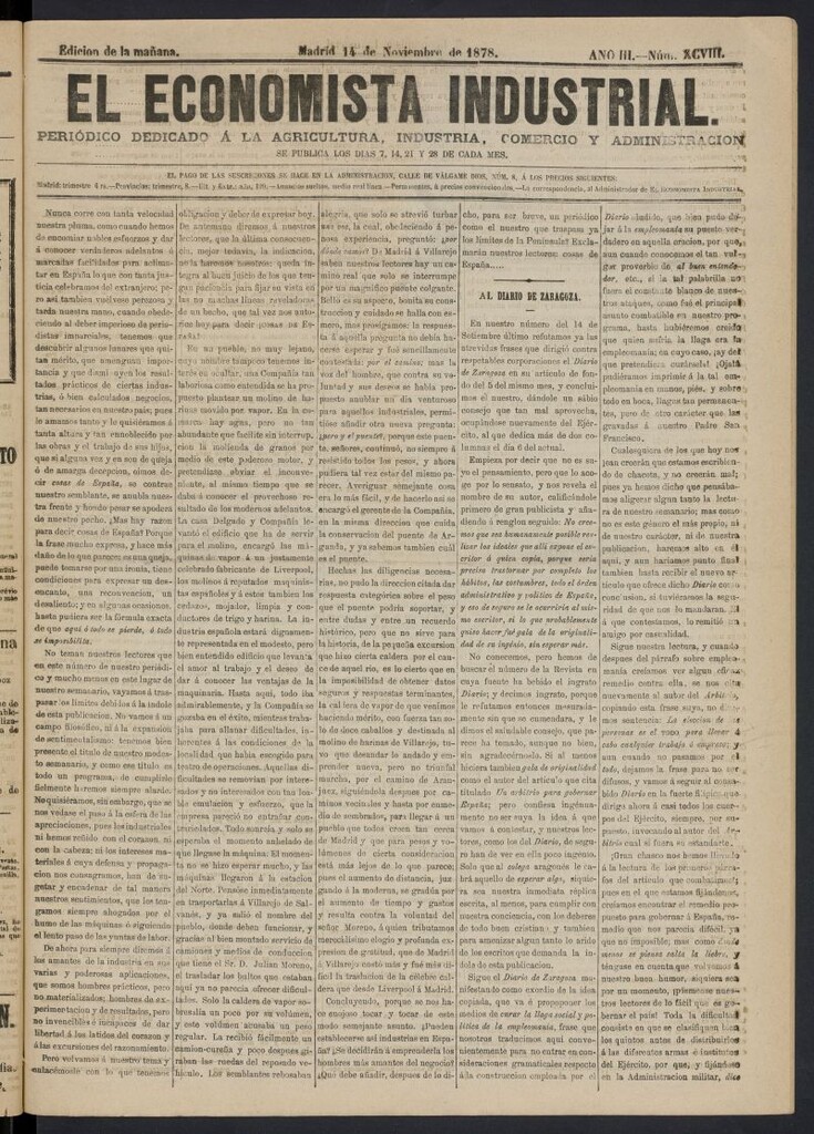 Miniatura de El Economista Industrial del 14 de noviembre de 1878, nº 98