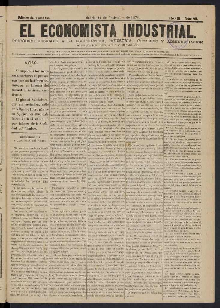 Miniatura de El Economista Industrial del 21 de noviembre de 1878, nº 99