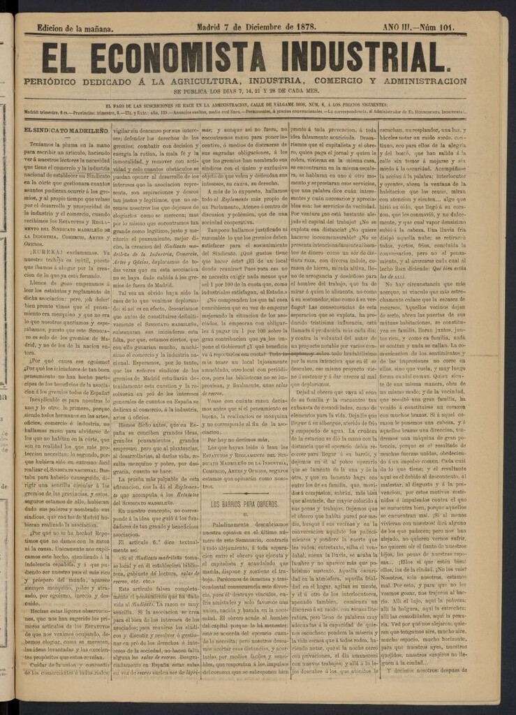 Miniatura de El Economista Industrial del 7 de diciembre de 1878, nº 101