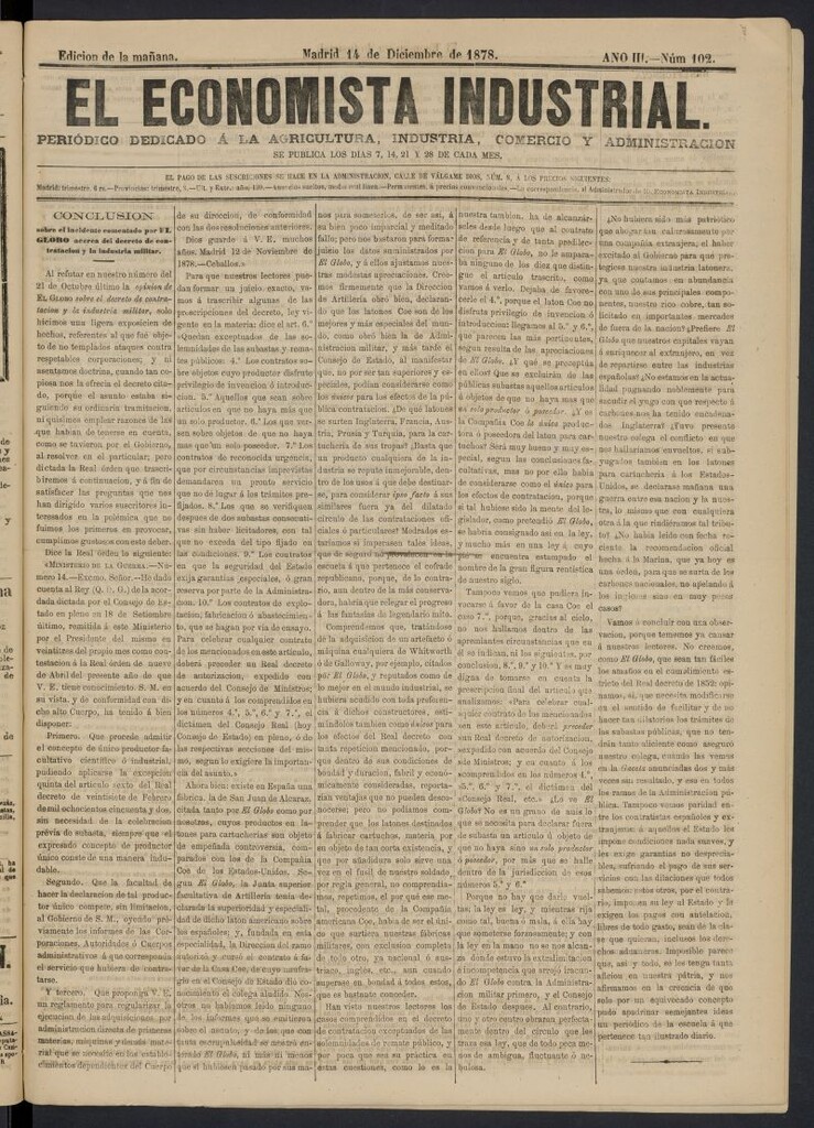 Miniatura de El Economista Industrial del 14 de diciembre de 1878, nº 102