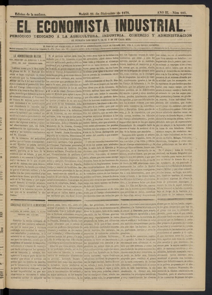 Miniatura de El Economista Industrial del 21 de diciembre de 1878, nº 103
