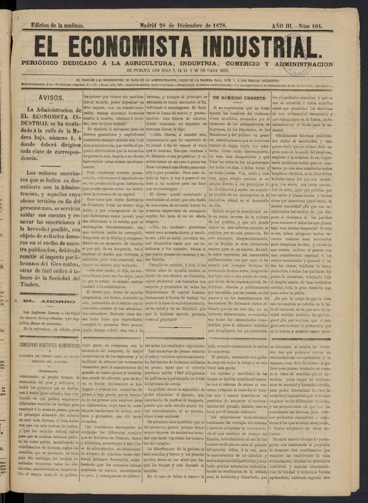 Miniatura de El Economista Industrial del 28 de diciembre de 1878, nº 104