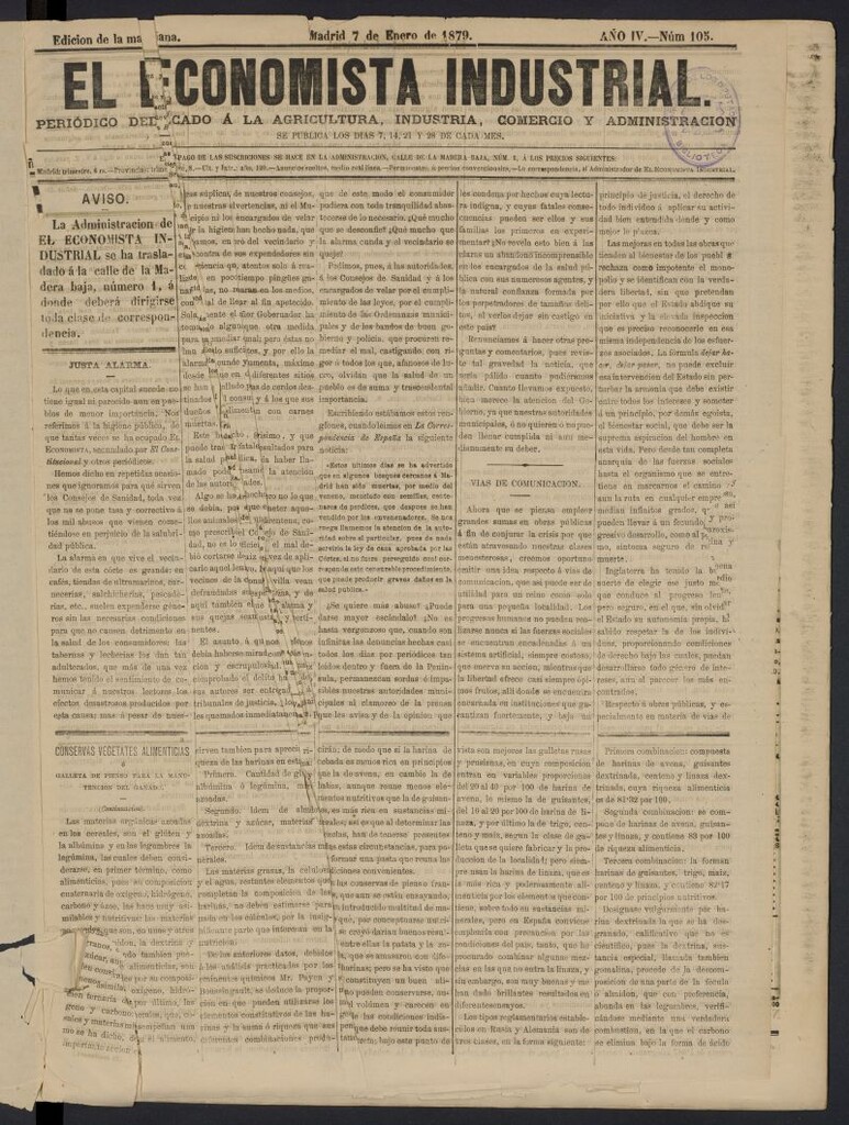 Miniatura de El Economista Industrial del 7 de enero de 1879, nº 105