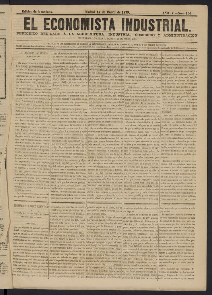 Miniatura de El Economista Industrial del 14 de enero de 1879, nº 106