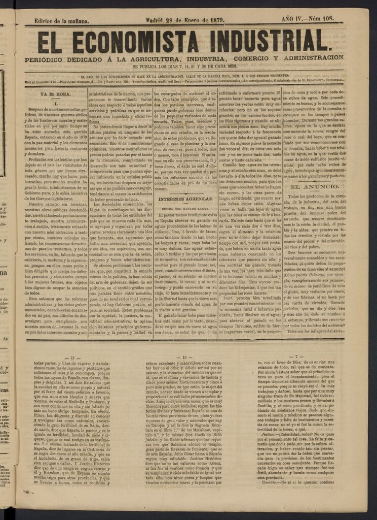 Miniatura de El Economista Industrial del 28 de enero de 1879, nº 108