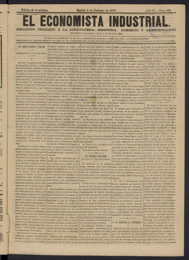 Miniatura de El Economista Industrial del 7 de febrero de 1879, nº 109
