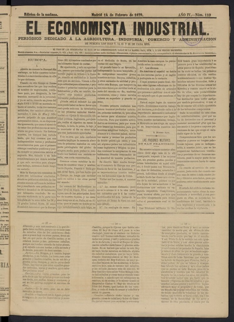 Miniatura de El Economista Industrial del 14 de febrero de 1879, nº 110