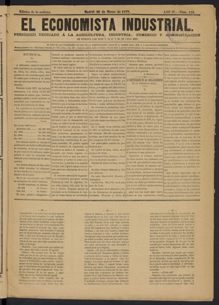 Miniatura de El Economista Industrial del 28 de marzo de 1879, nº 116
