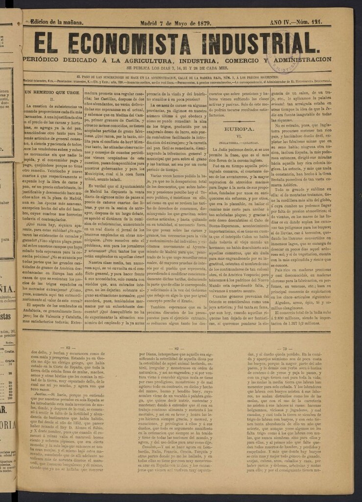 Miniatura de El Economista Industrial del 7 de mayo de 1879, nº 121