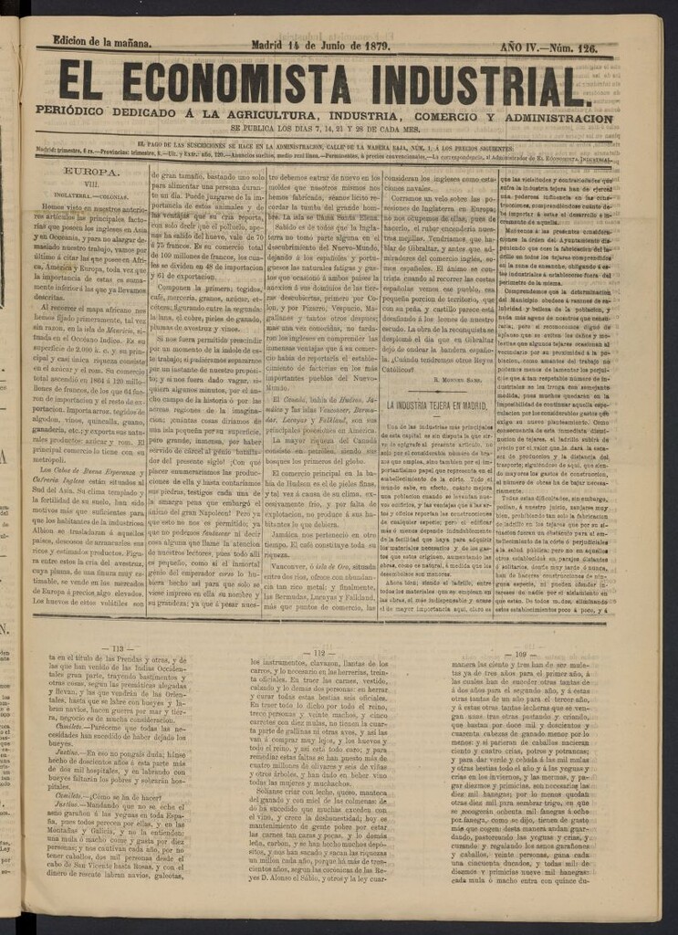 Miniatura de El Economista Industrial del 14 de junio de 1879, nº 126