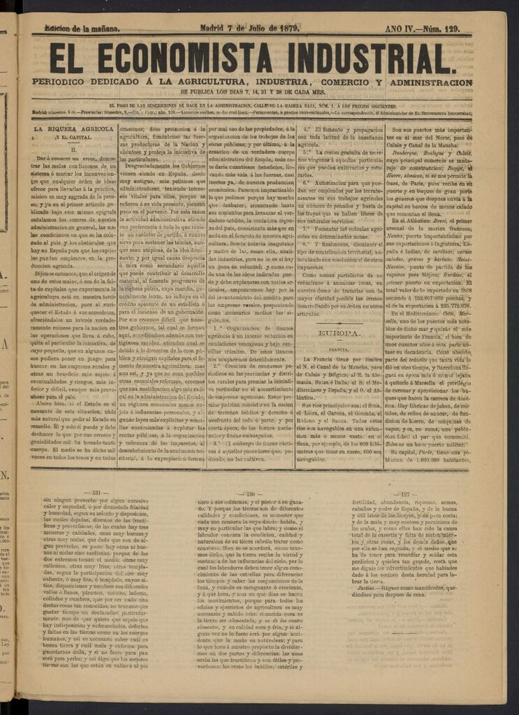 Miniatura de El Economista Industrial del 7 de julio de 1879, nº 129