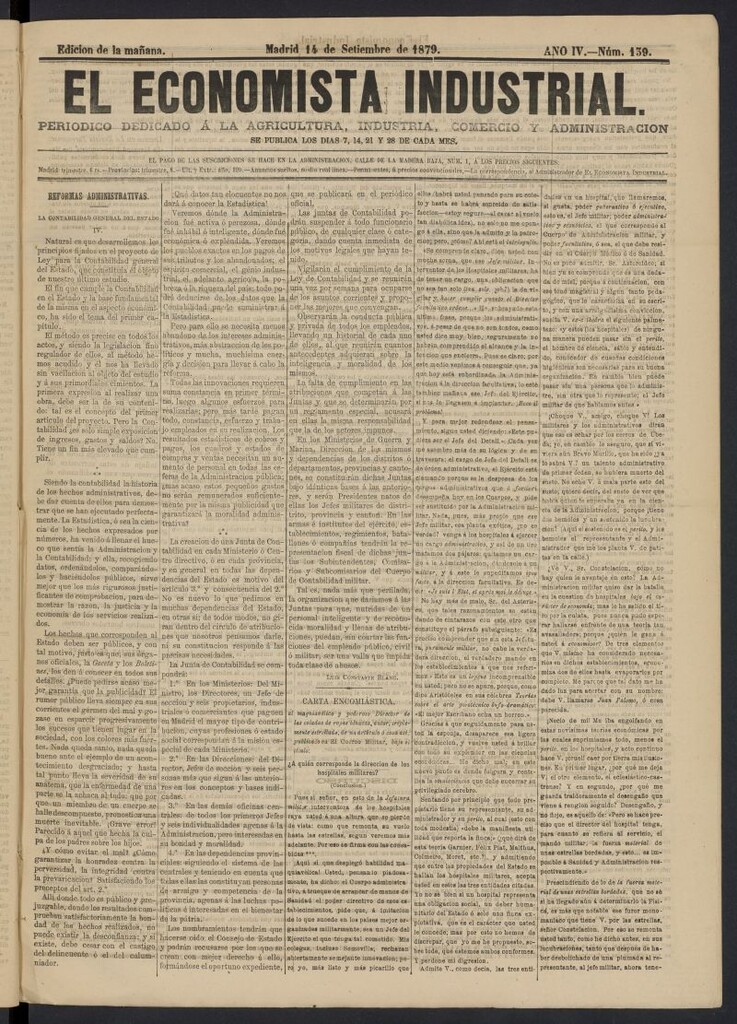 Miniatura de El Economista Industrial del 14 de septiembre de 1879, nº 139