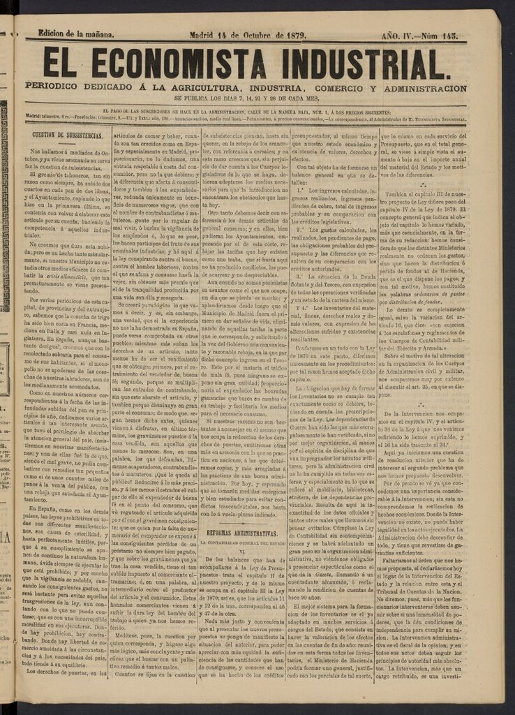 Miniatura de El Economista Industrial del 14 de octubre de 1879, nº 143