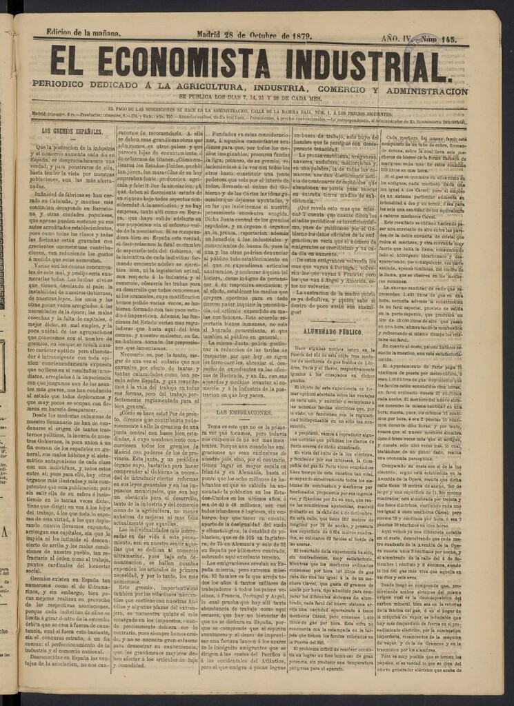 Miniatura de El Economista Industrial del 28 de octubre de 1879, nº 145