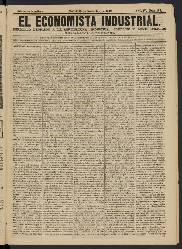 Miniatura de El Economista Industrial del 28 de noviembre de 1879, nº 149