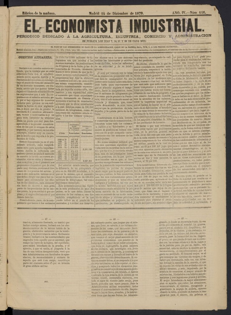 Miniatura de El Economista Industrial del 14 de diciembre de 1879, nº 151