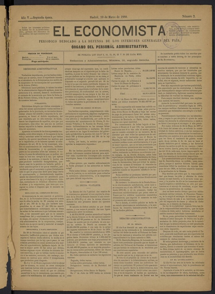 Miniatura de El Economista Industrial del 10 de marzo de 1880, nº 2