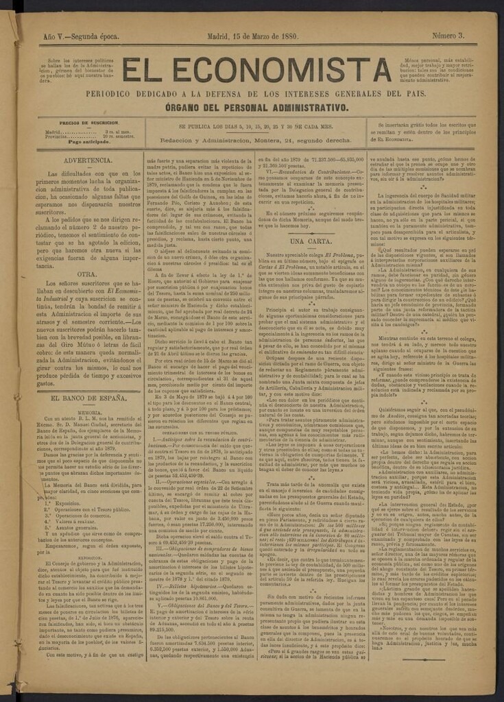 Miniatura de El Economista Industrial del 15 de marzo de 1880, nº 3