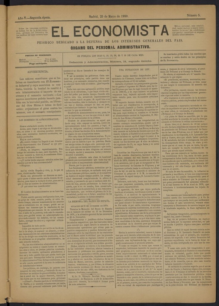 Miniatura de El Economista Industrial del 25 de marzo de 1880, nº 5